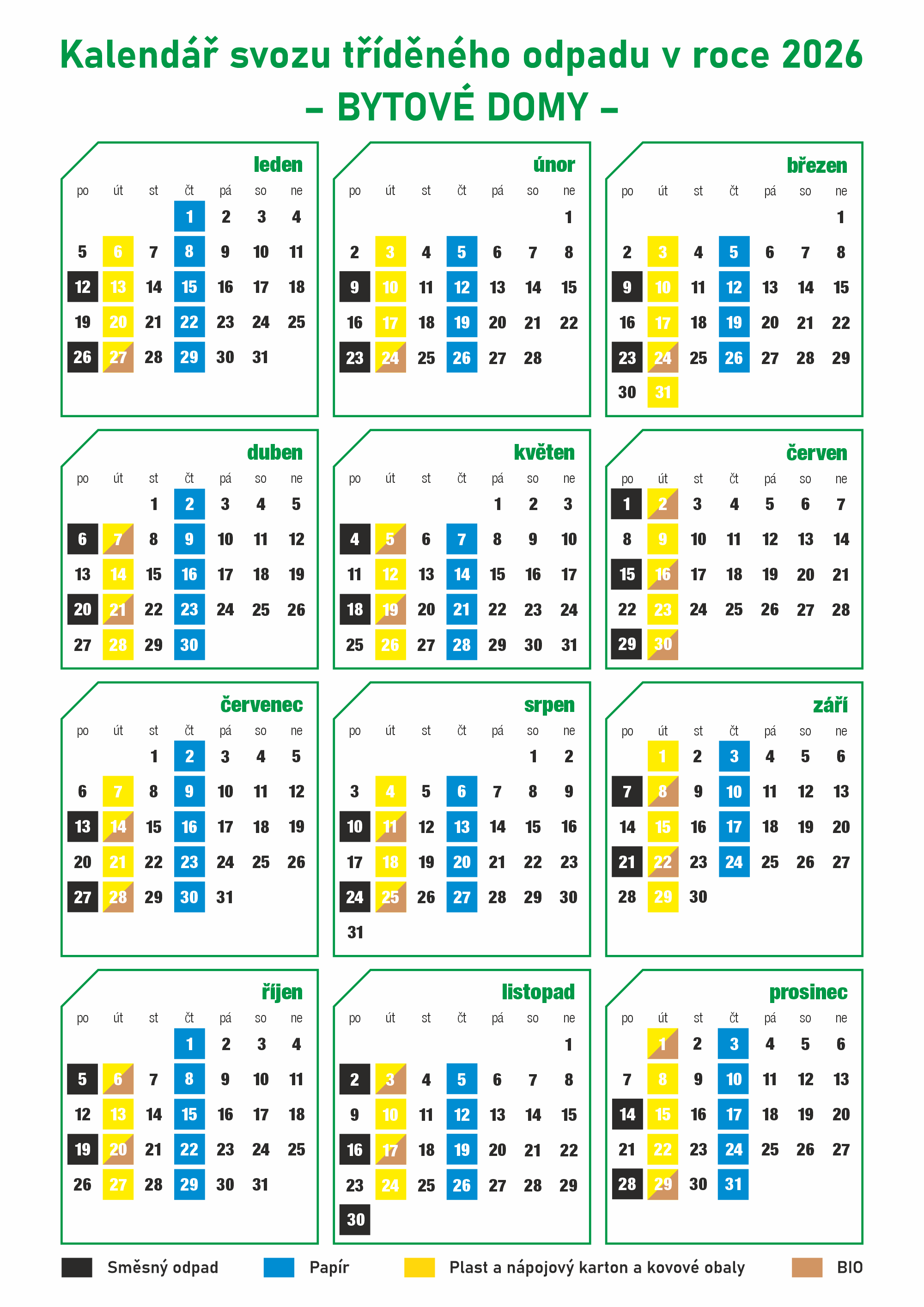 Bydové domy - kalendář svozu tříděného odpadu